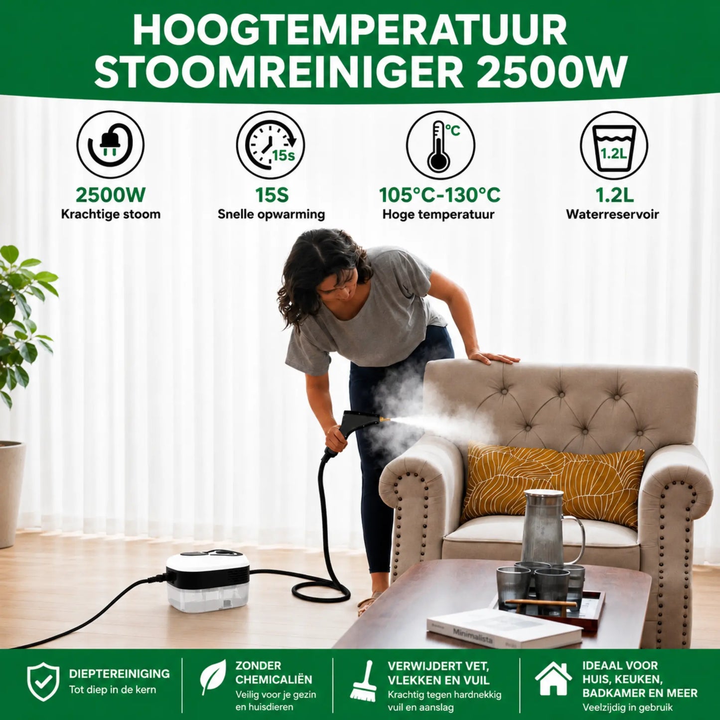 VELNATOR 2500W hogedruk-stoomreiniger met hoge temperatuur voor huishoudelijke airconditioners, afzuigkappen, auto- en vloerreiniging.