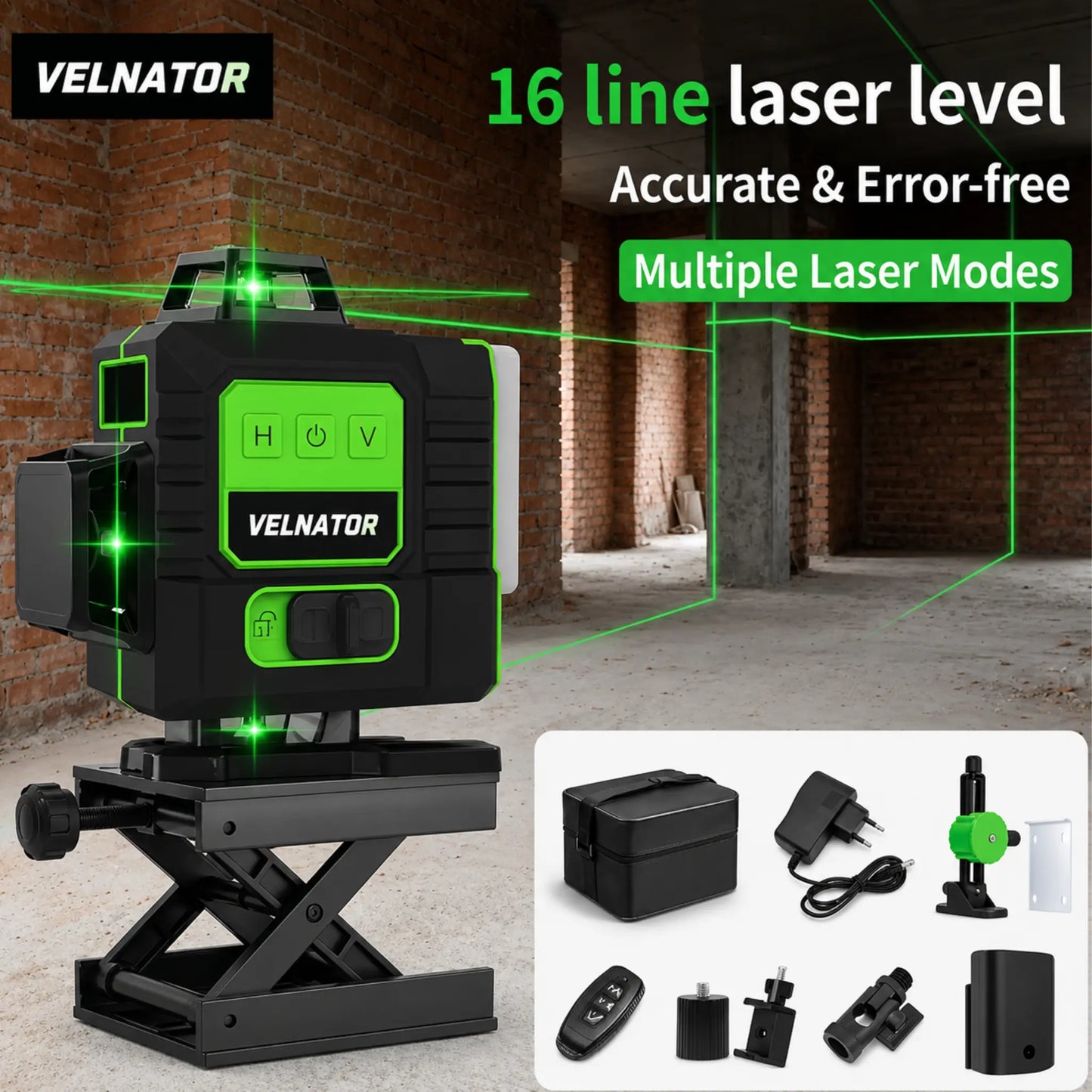 Velnator SQ211 12-lijns groene laserwaterpas 360° automatische zelfnivellering Ultralichte 3D-straal voor alle binnen- en buitenbouwprojecten