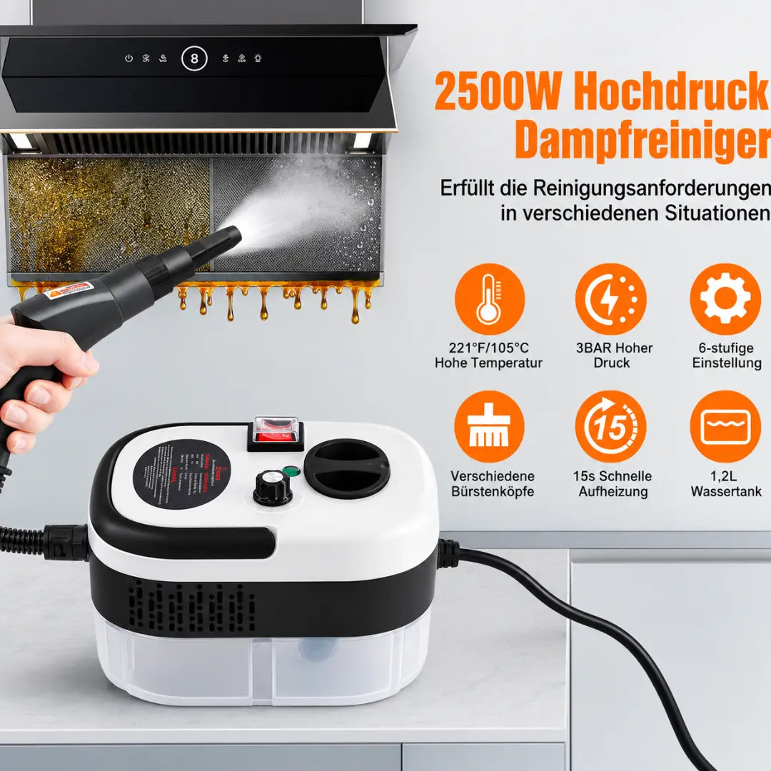 Velnator T6 Dampfreiniger, 2500W Handdampfreiniger, Hochtemperatur-Dampfreinigungsgerät, tragbarer Dampfreiniger, 6-Gang-Dampfreiniger, 3 Reinigungsbürsten, für Küchenmöbel, Badezimmer