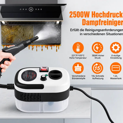 Velnator T6 Dampfreiniger, 2500W Handdampfreiniger, Hochtemperatur-Dampfreinigungsgerät, tragbarer Dampfreiniger, 6-Gang-Dampfreiniger, 3 Reinigungsbürsten, für Küchenmöbel, Badezimmer