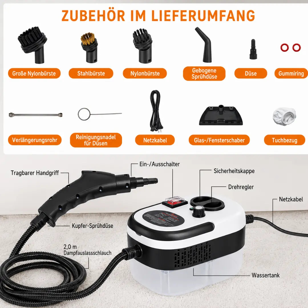 Velnator T6 Dampfreiniger, 2500W Handdampfreiniger, Hochtemperatur-Dampfreinigungsgerät, tragbarer Dampfreiniger, 6-Gang-Dampfreiniger, 3 Reinigungsbürsten, für Küchenmöbel, Badezimmer
