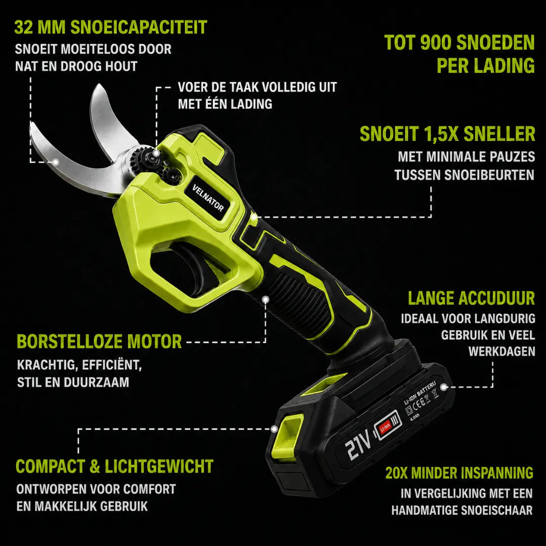 Velnator S26 elektrische snoeischaar voor tuinieren: draadloze snoeischaar met een snoeicapaciteit van 1,25 inch, borstelloze motor en 1× 21V-accu voor het snoeien van bomen en bloemen.