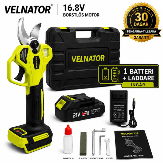Velnator S26 elektrisk sekatör för trädgårdsarbete: sladdlös sekatör med 1,25 tums klippkapacitet, borstlös motor och 1× 21V-batteri för beskärning av träd och blommor.