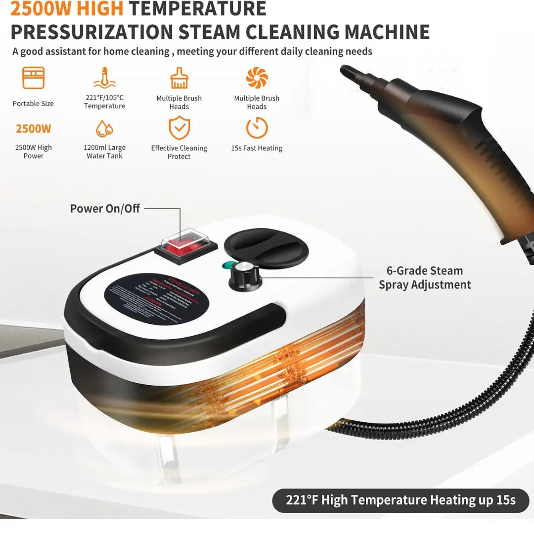 Velnator T6 Steam Cleaner, 2500W Handheld Steam Cleaner, High-Temperature Steam Cleaning Device, Portable Steam Cleaner, 6-Speed Steam Cleaner, 3 Cleaning Brushes, for Kitchen Furniture, Bathroom