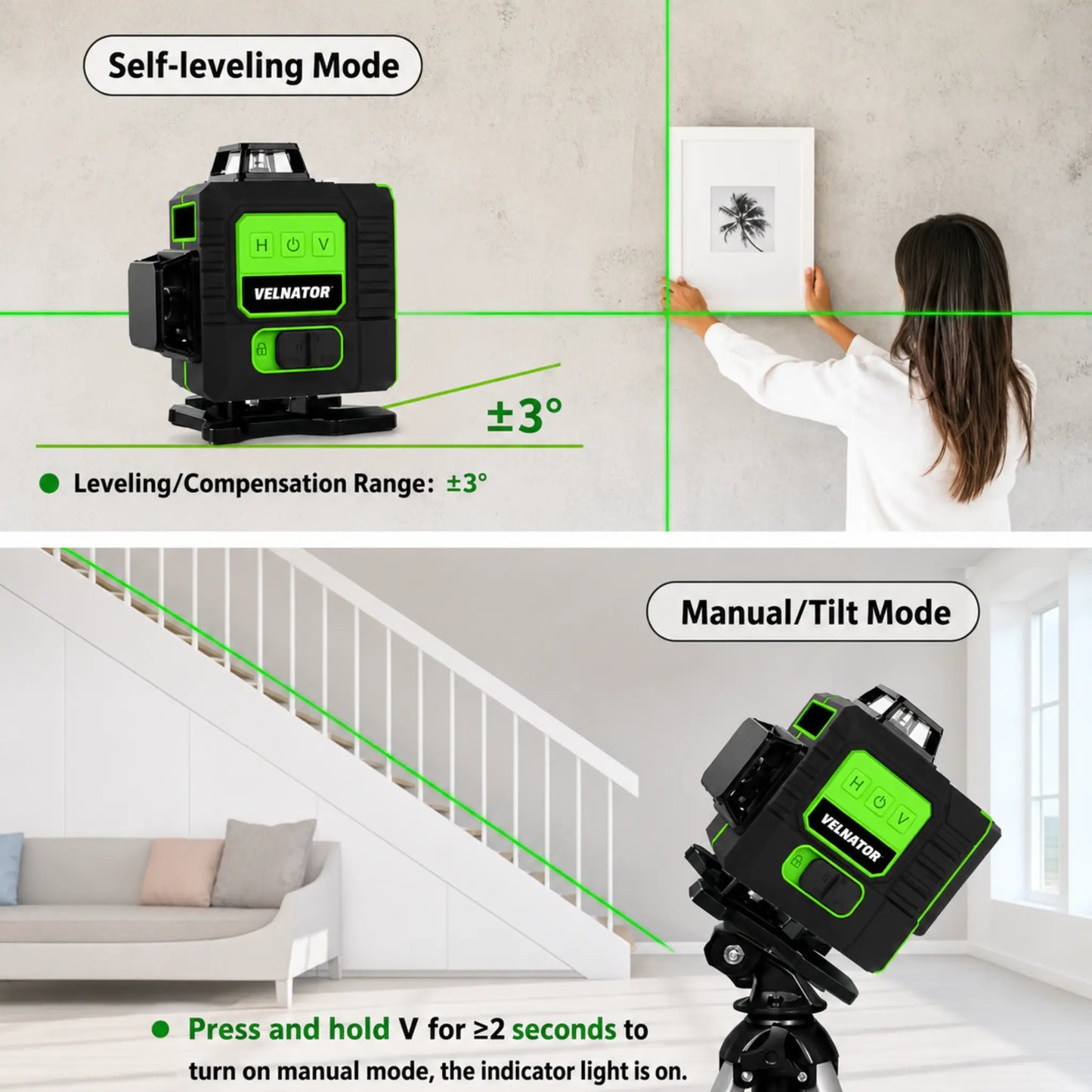 Velnator 16 Line Green Laser Level 360° Auto Self-Leveling Ultra-Bright 3D Beam for All Indoor & Outdoor Construction Projects