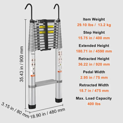 Velnator 3.2M Telescopic Ladder Stainless Steel,load 150kg, Convenient Extendable ,For Pulling Walls, Changing Light Bulbs,Repairing Roofs,RV