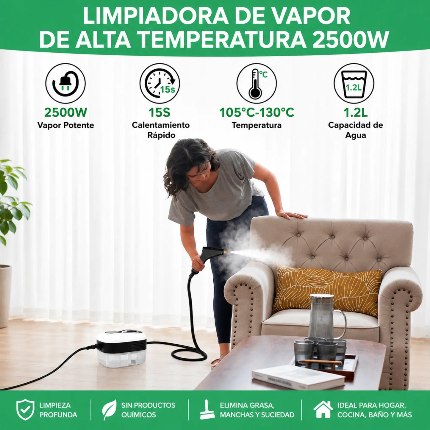 VELNATOR Limpiador a vapor de alta presión de 2500W, lavadora de alta temperatura para aire acondicionado doméstico, capó de cocina, uso de limpieza de suelo de coche