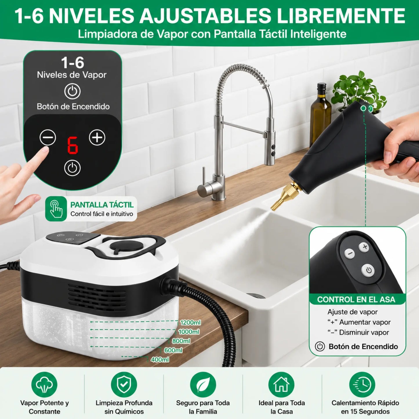VELNATOR Limpiador a vapor de alta presión de 2500W, lavadora de alta temperatura para aire acondicionado doméstico, capó de cocina, uso de limpieza de suelo de coche